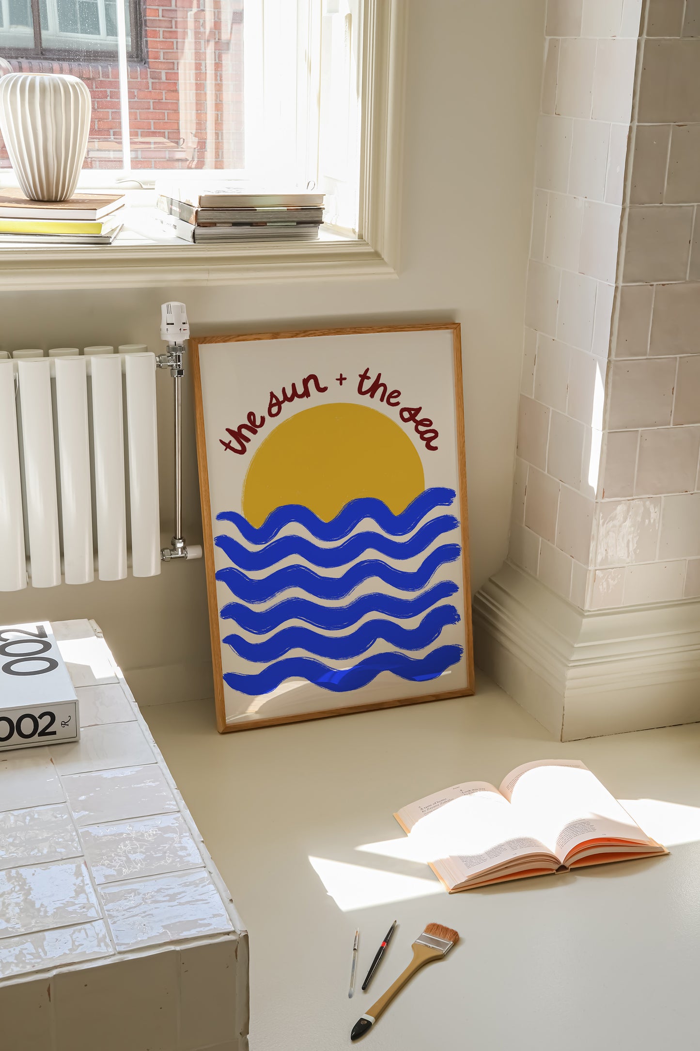 hand-drawn golden sun blue waves cream background the sun and the sea coastal art print