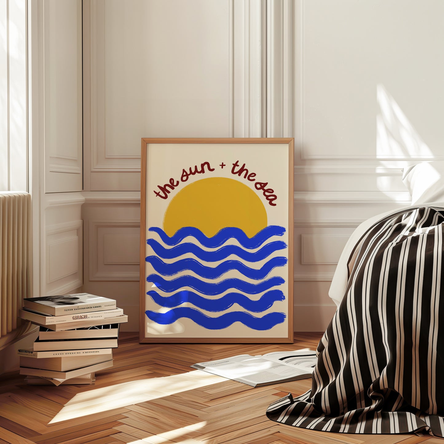 hand-drawn golden sun blue waves cream background the sun and the sea coastal art print