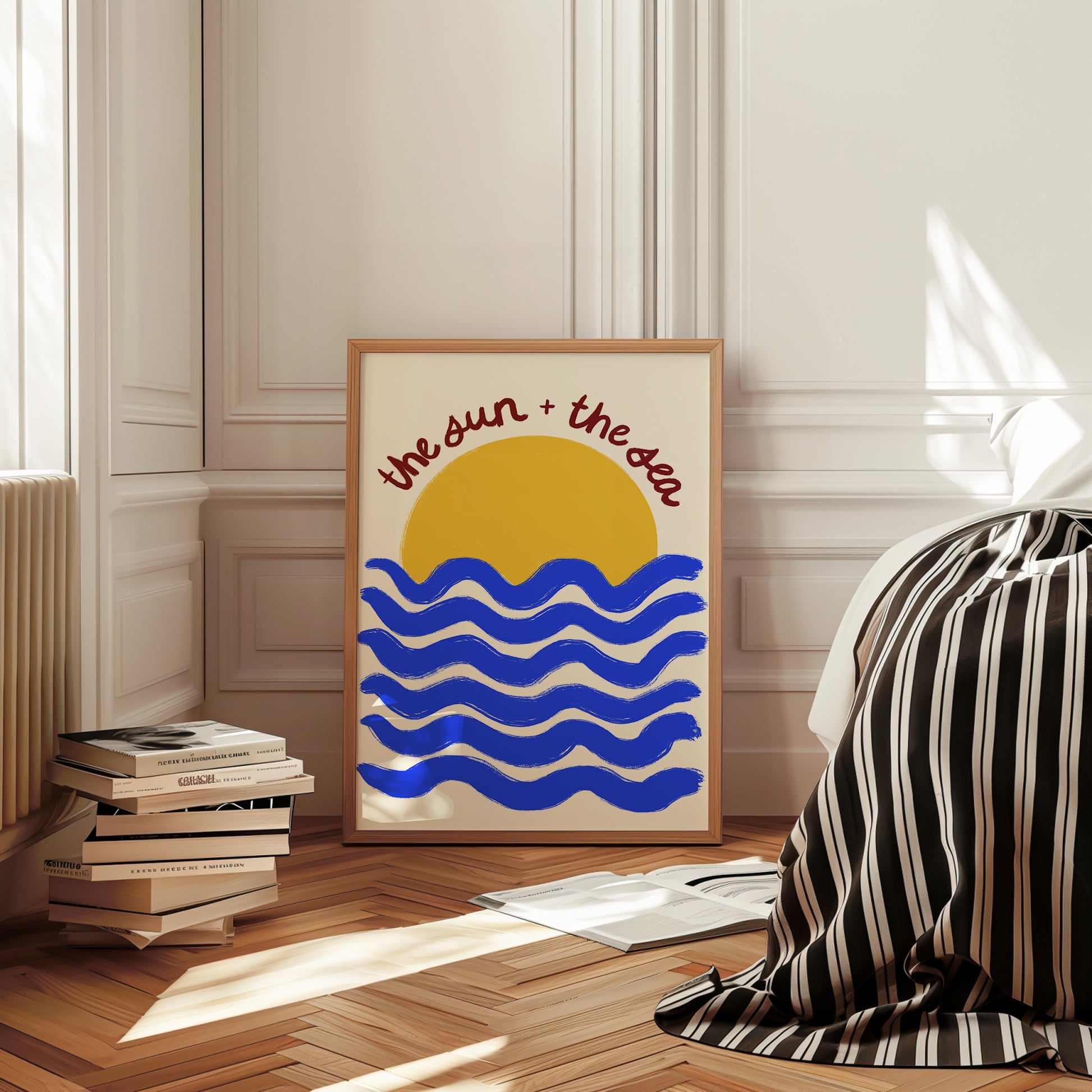 hand-drawn golden sun blue waves cream background the sun and the sea coastal art print
