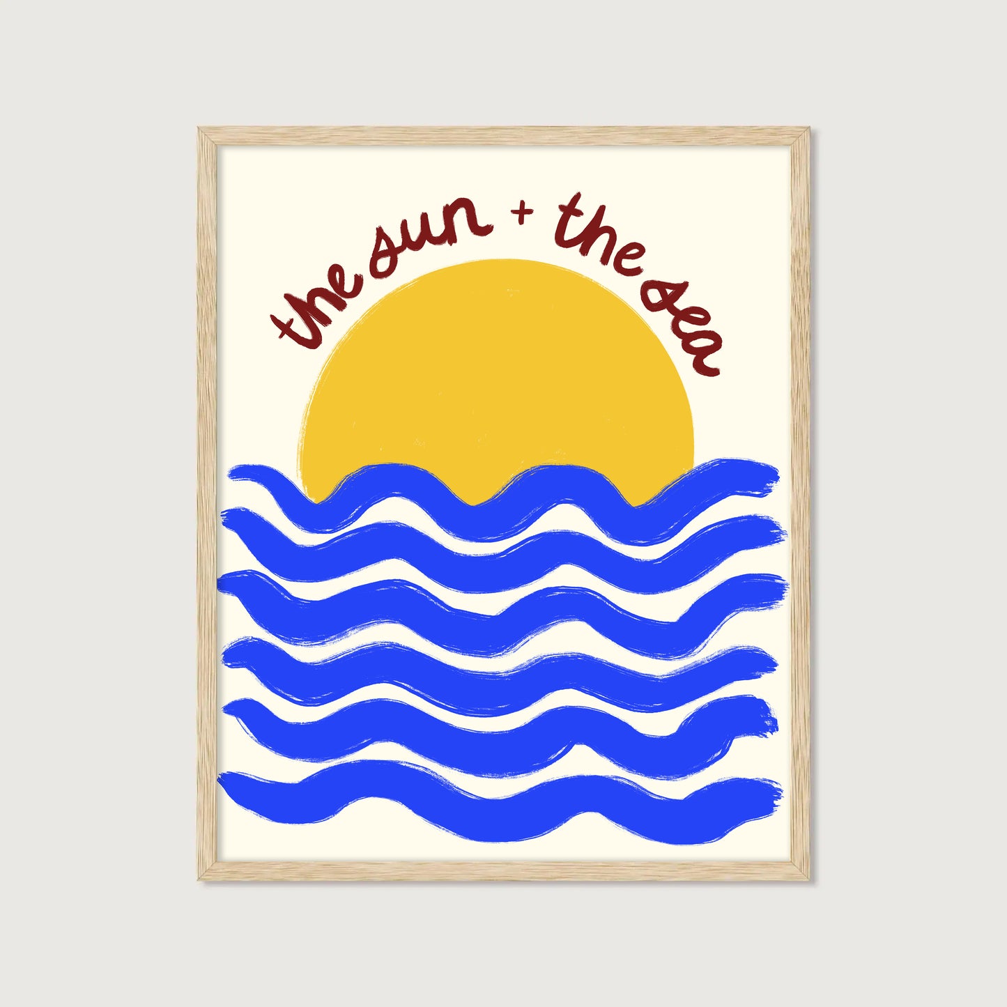 hand-drawn golden sun blue waves cream background the sun and the sea coastal art print