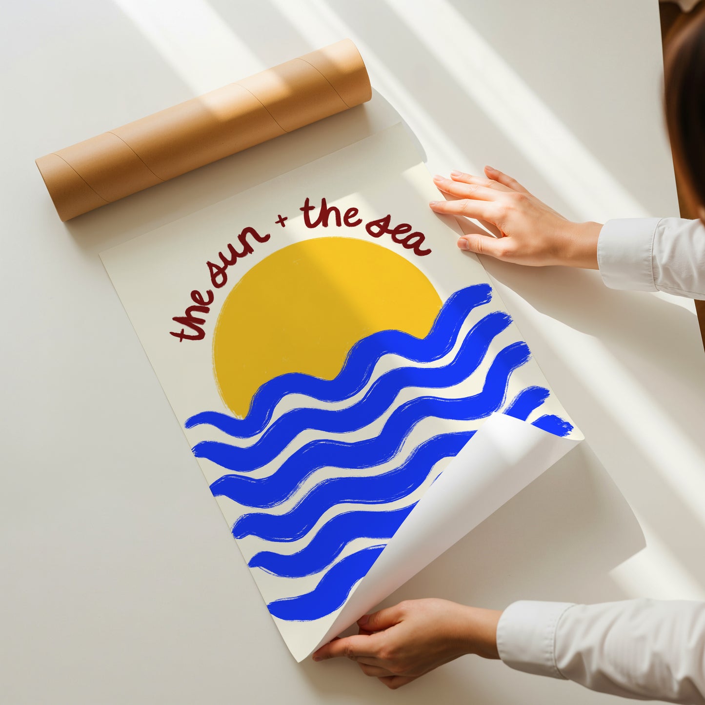 hand-drawn golden sun blue waves cream background the sun and the sea coastal art print