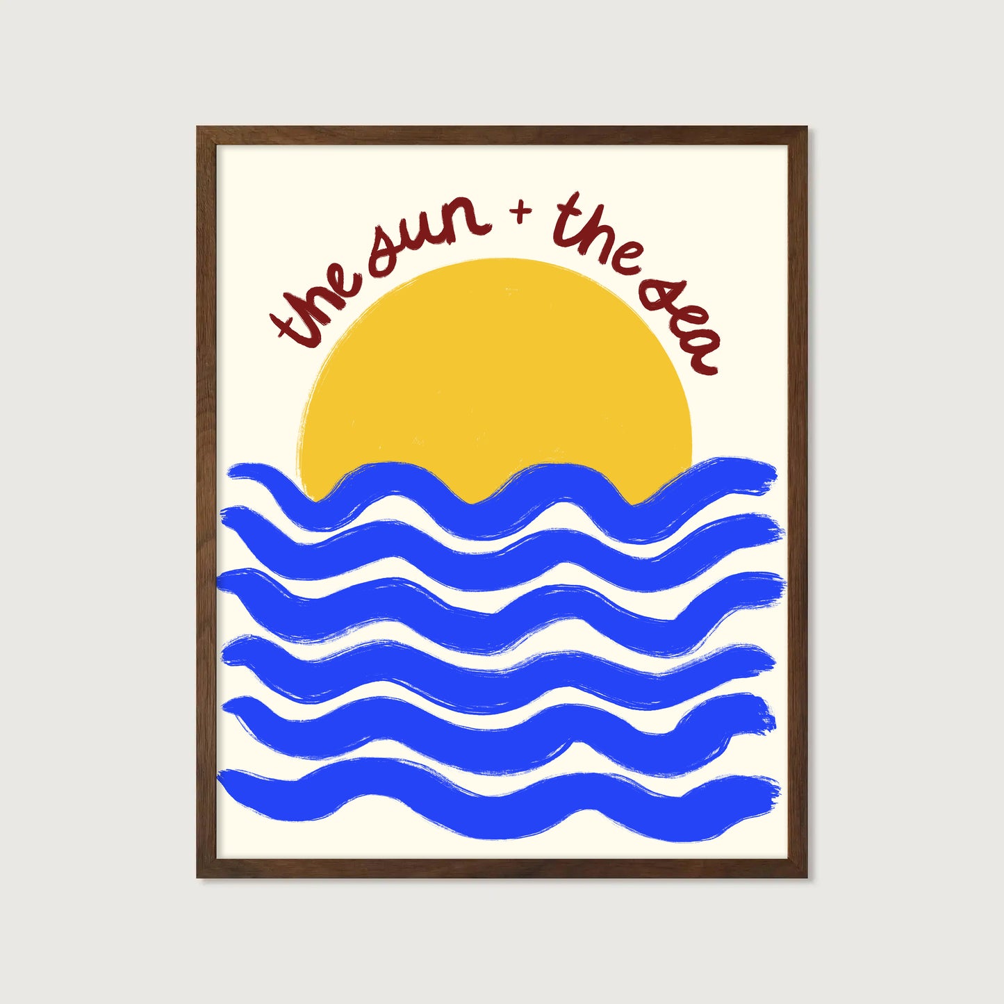 hand-drawn golden sun blue waves cream background the sun and the sea coastal art print