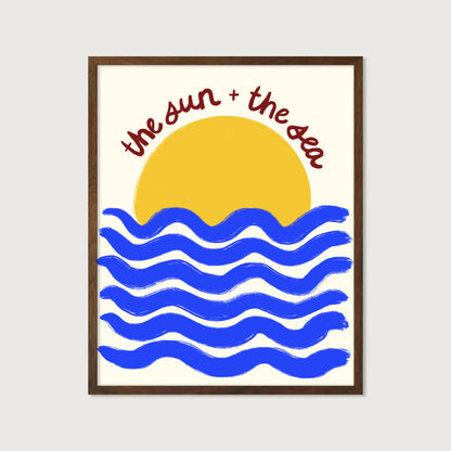 hand-drawn golden sun blue waves cream background the sun and the sea coastal art print