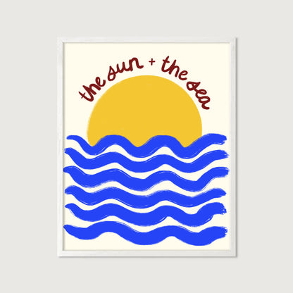 hand-drawn golden sun blue waves cream background the sun and the sea coastal art print