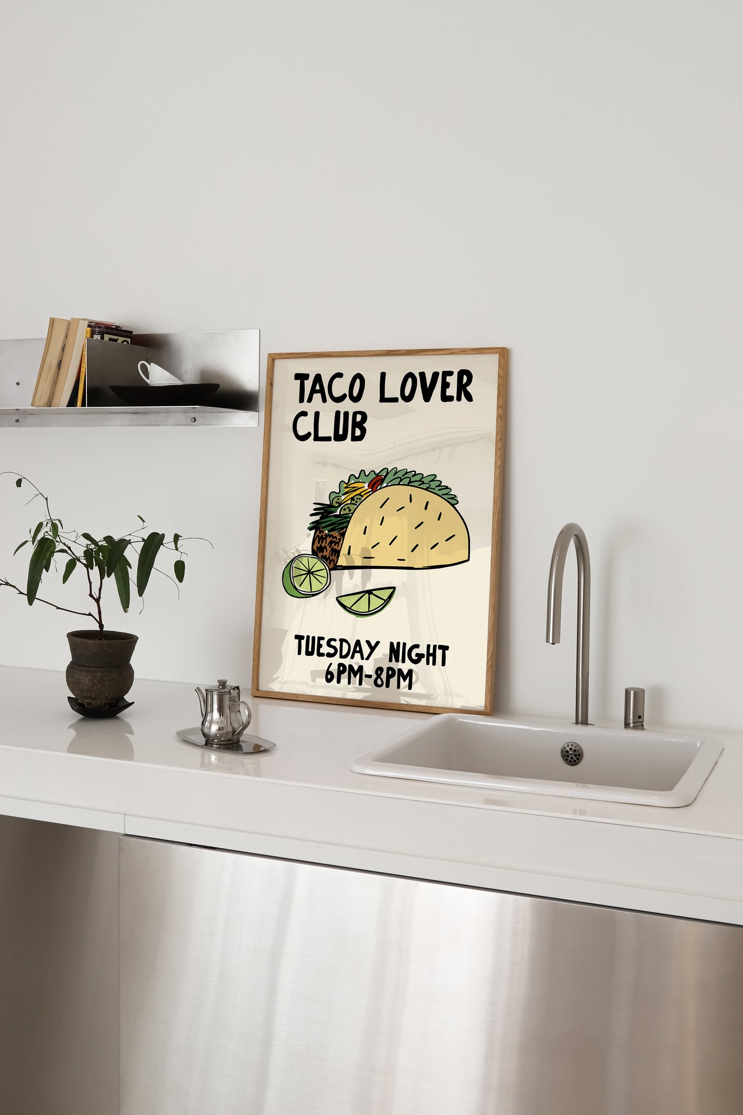 hand-drawn loaded taco lime wedges cream background taco lover club tuesday night art print