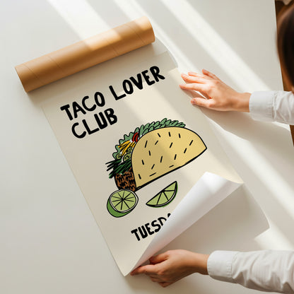 hand-drawn loaded taco lime wedges cream background taco lover club tuesday night art print