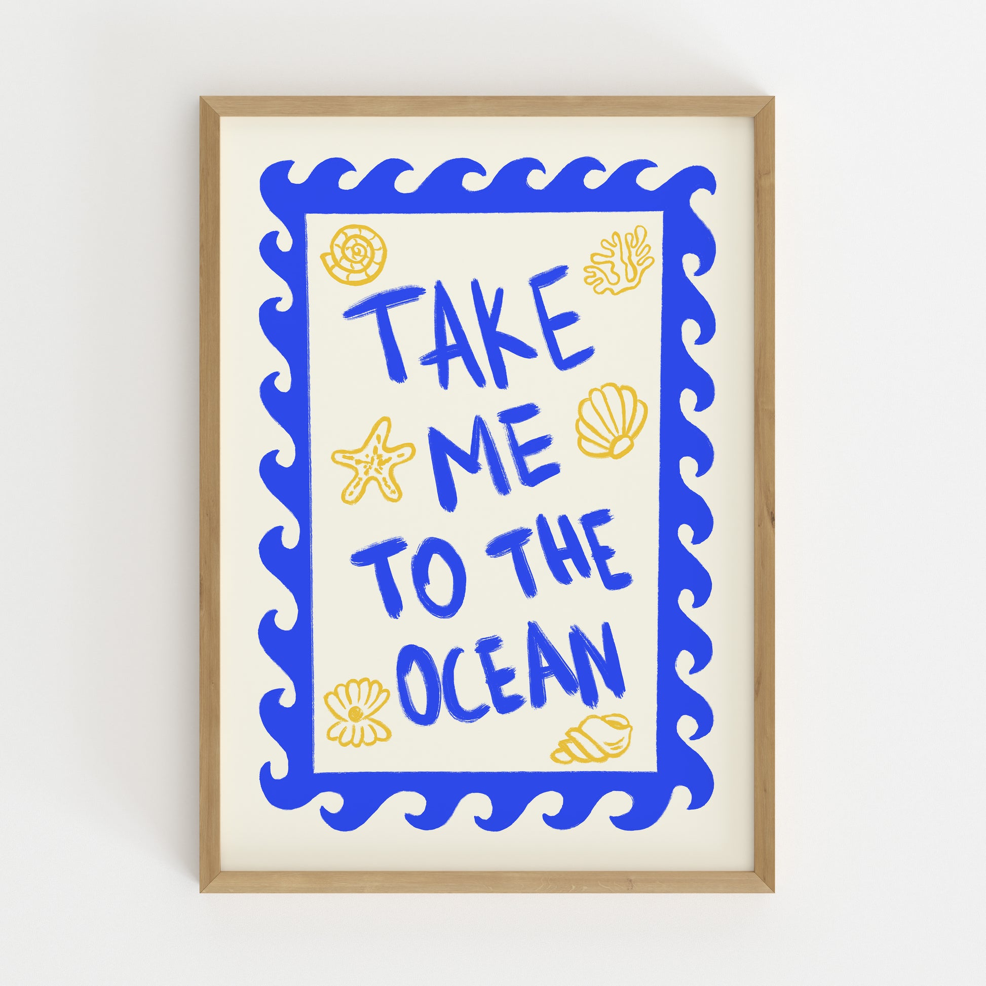hand-drawn bold blue take me to the ocean lettering wave border golden seashells cream background art print