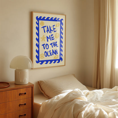 hand-drawn bold blue take me to the ocean lettering wave border golden seashells cream background art print