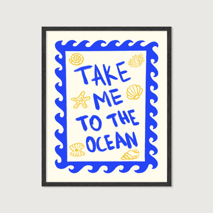 hand-drawn bold blue take me to the ocean lettering wave border golden seashells cream background art print