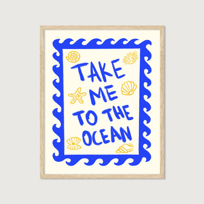 hand-drawn bold blue take me to the ocean lettering wave border golden seashells cream background art print