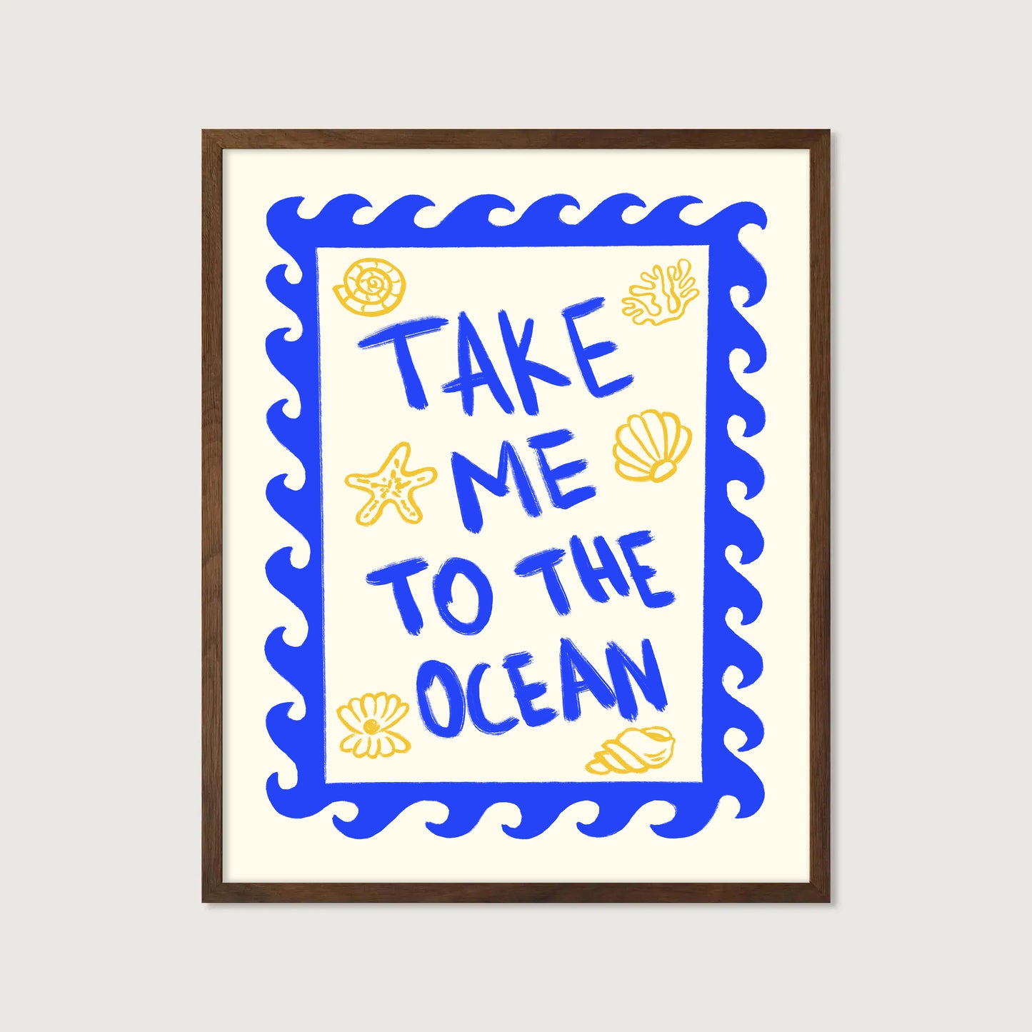 hand-drawn bold blue take me to the ocean lettering wave border golden seashells cream background art print