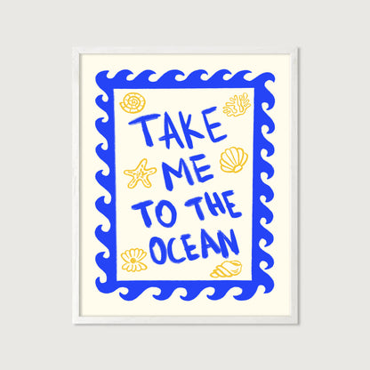 hand-drawn bold blue take me to the ocean lettering wave border golden seashells cream background art print