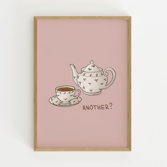 hand-drawn floral teapot and teacup soft pink background tea lover art print