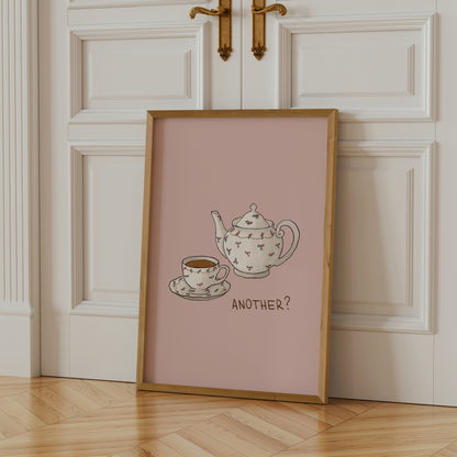 hand-drawn floral teapot and teacup soft pink background tea lover art print