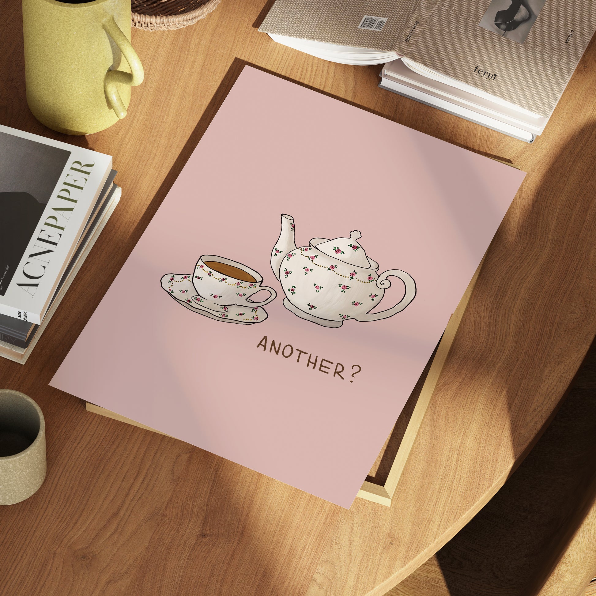 hand-drawn floral teapot and teacup soft pink background tea lover art print