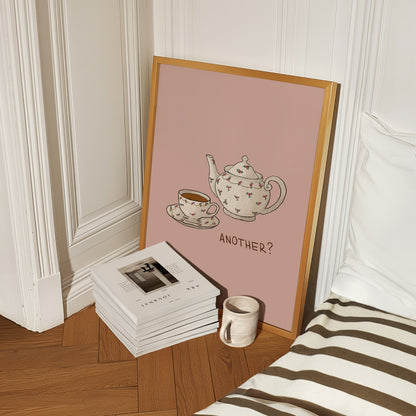 hand-drawn floral teapot and teacup soft pink background tea lover art print