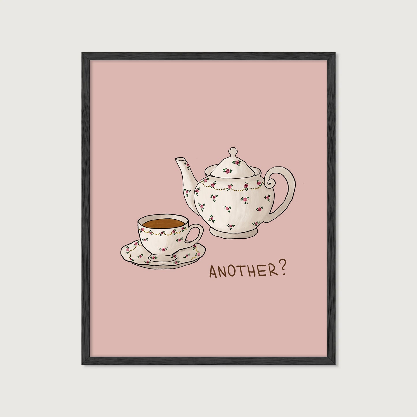 hand-drawn floral teapot and teacup soft pink background tea lover art print