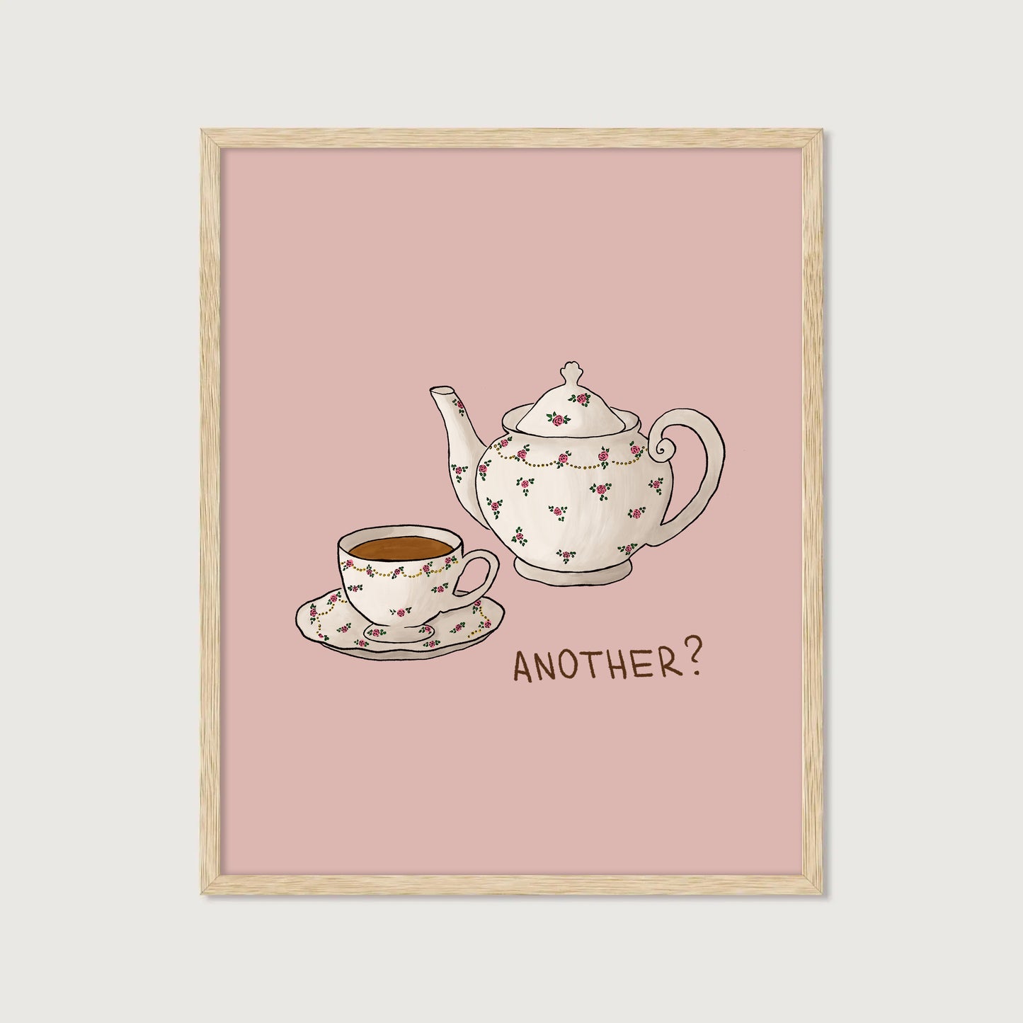 hand-drawn floral teapot and teacup soft pink background tea lover art print