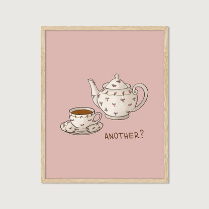 hand-drawn floral teapot and teacup soft pink background tea lover art print