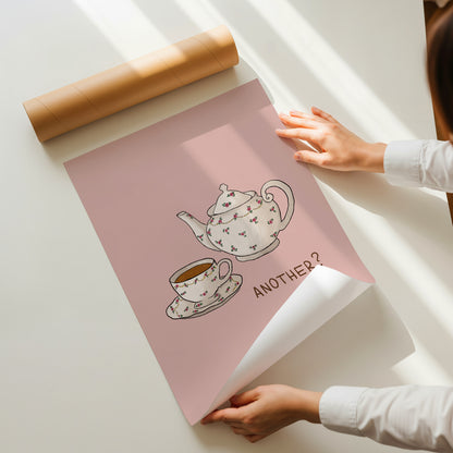 hand-drawn floral teapot and teacup soft pink background tea lover art print