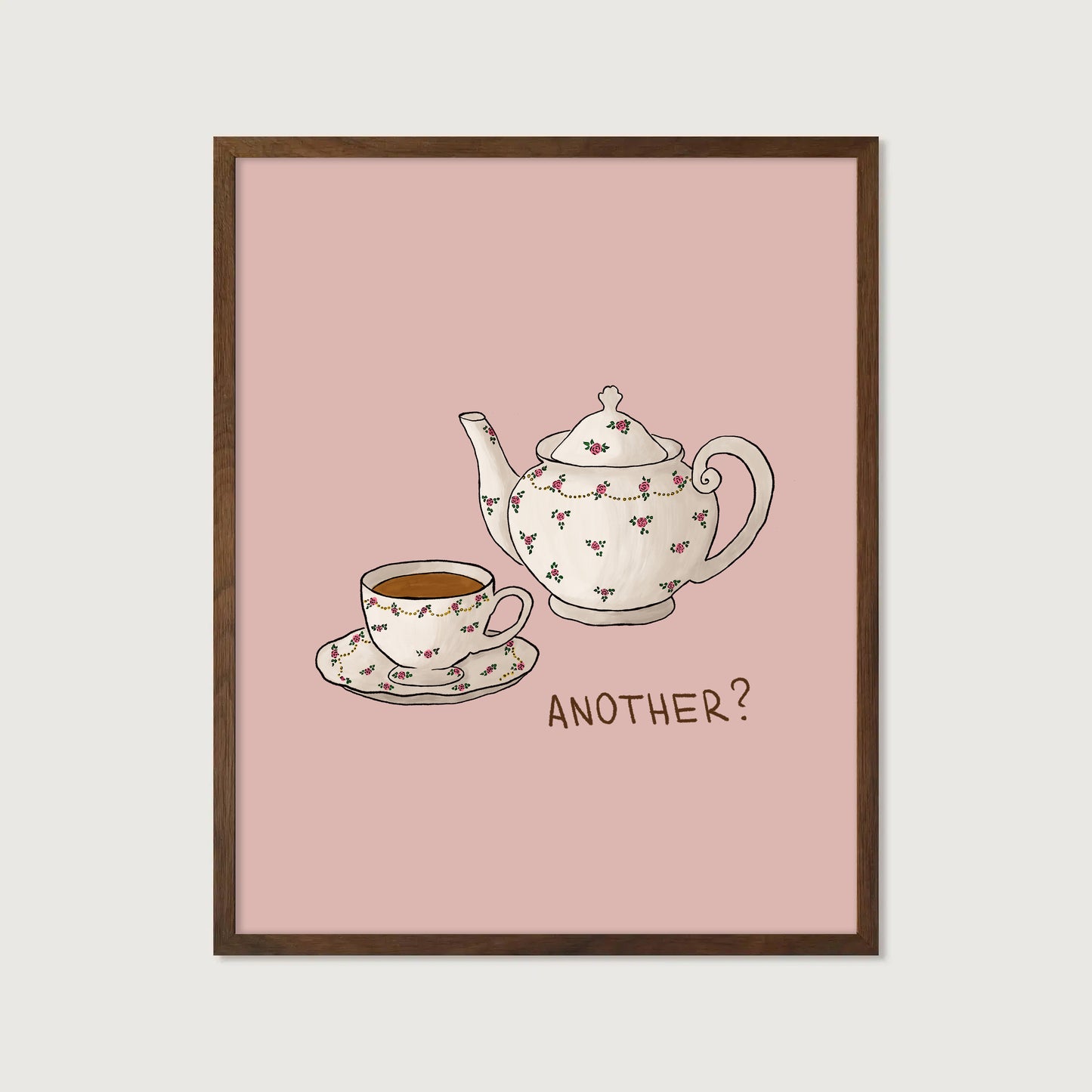 hand-drawn floral teapot and teacup soft pink background tea lover art print