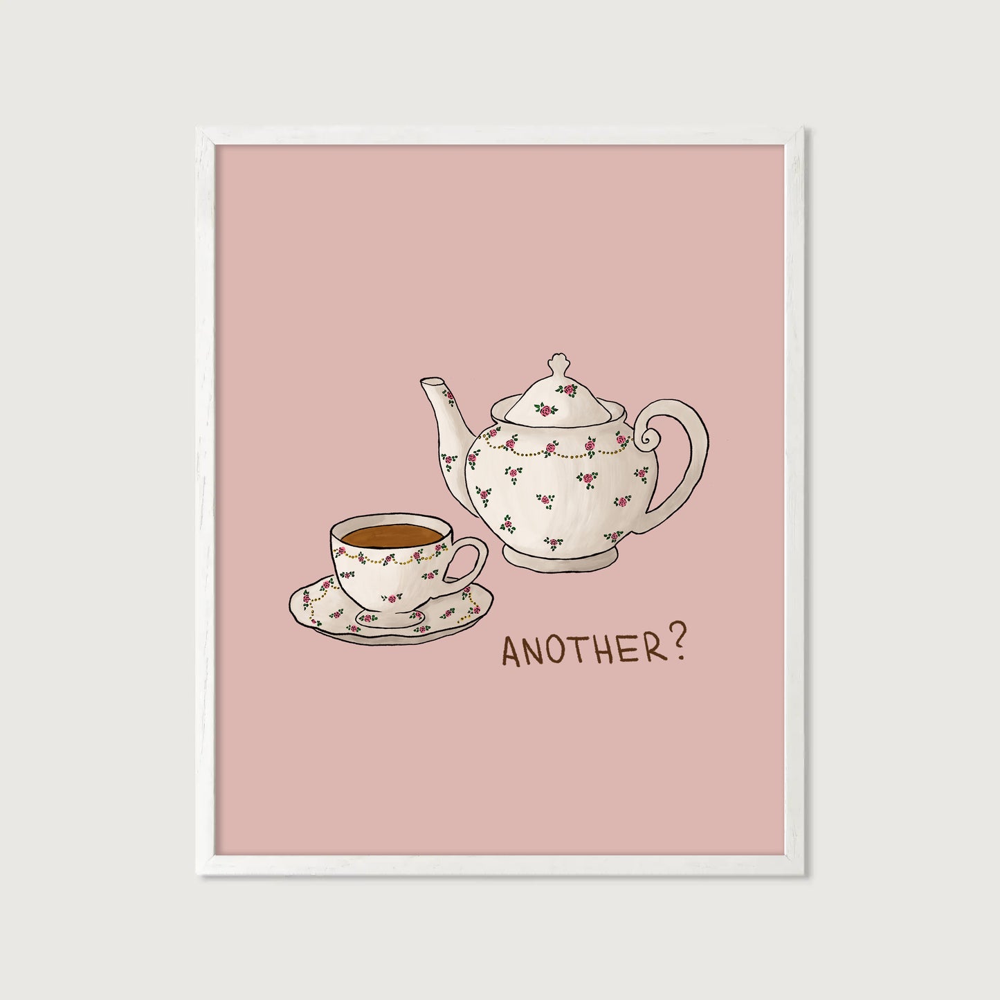 hand-drawn floral teapot and teacup soft pink background tea lover art print