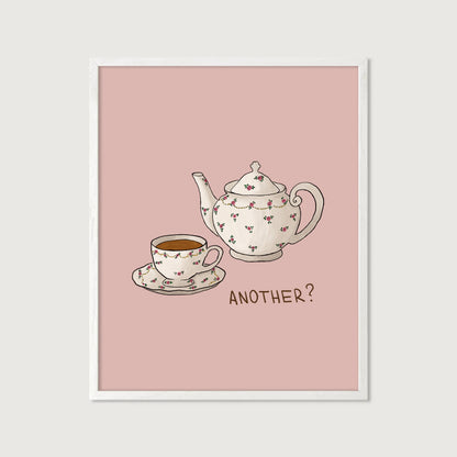 hand-drawn floral teapot and teacup soft pink background tea lover art print