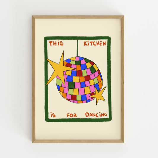 hand-drawn colorful disco ball green frame cream background this kitchen is for dancing art print