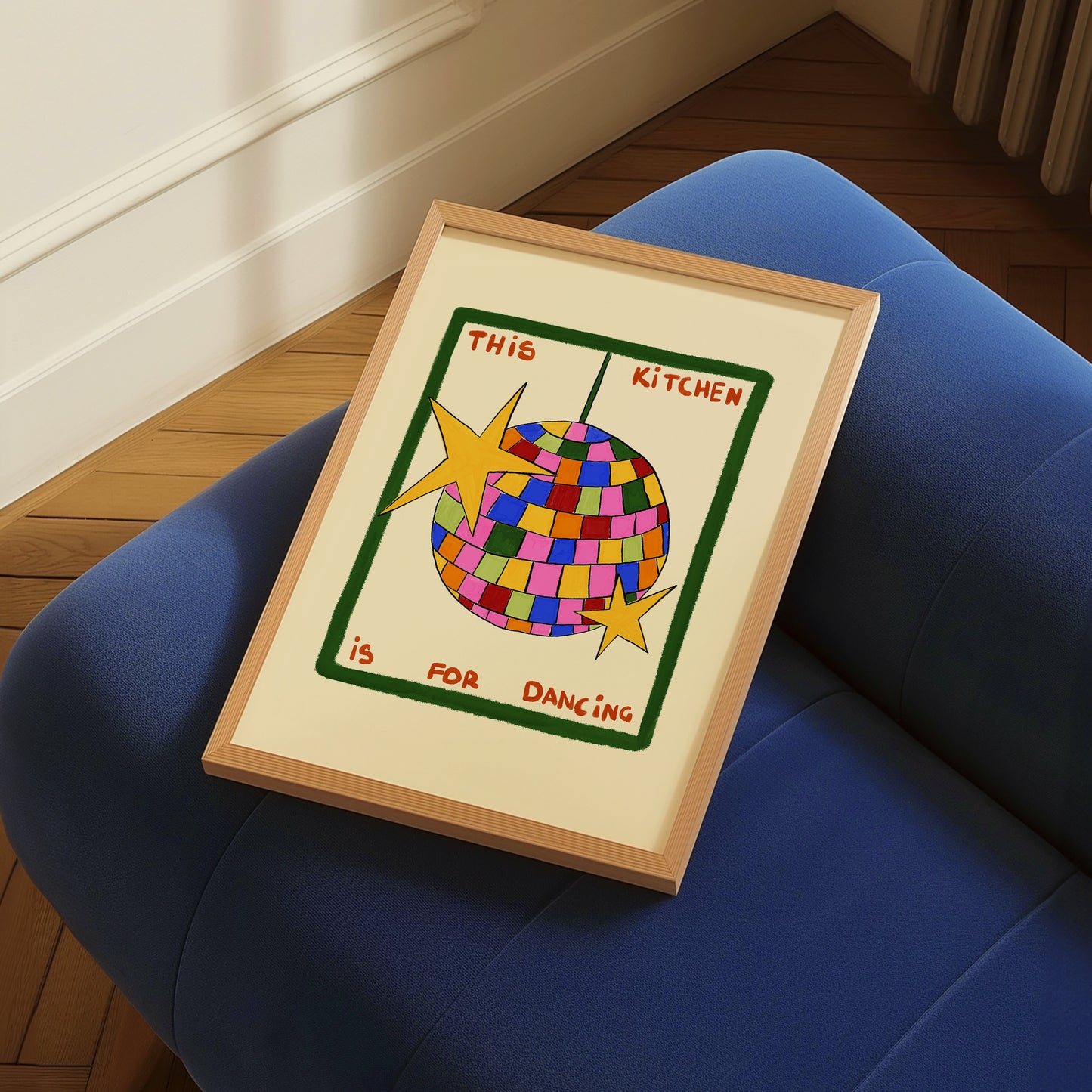 hand-drawn colorful disco ball green frame cream background this kitchen is for dancing art print