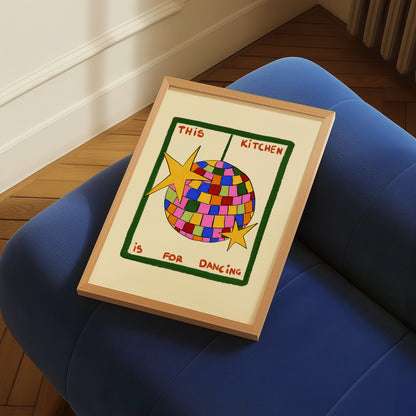 hand-drawn colorful disco ball green frame cream background this kitchen is for dancing art print