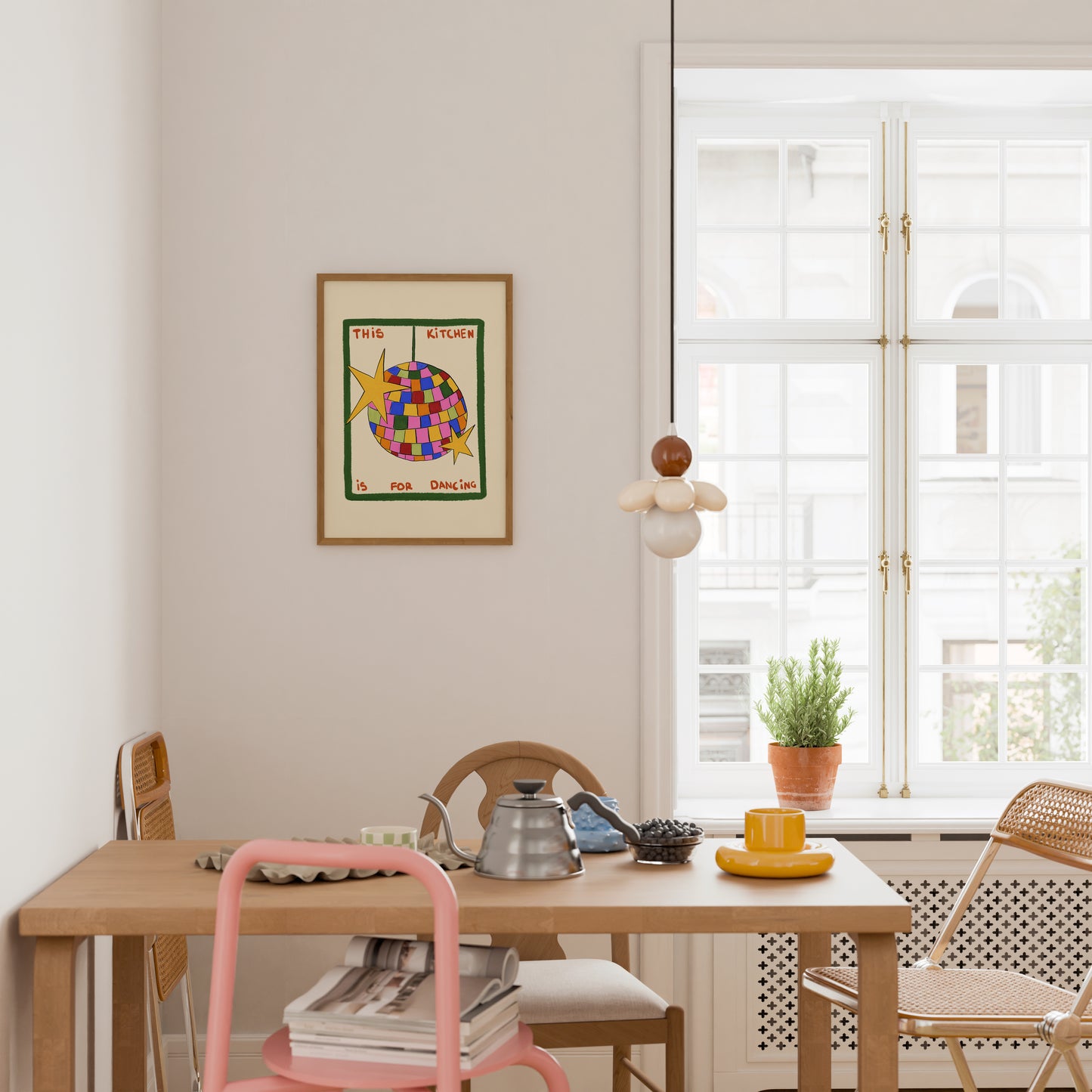 hand-drawn colorful disco ball green frame cream background this kitchen is for dancing art print