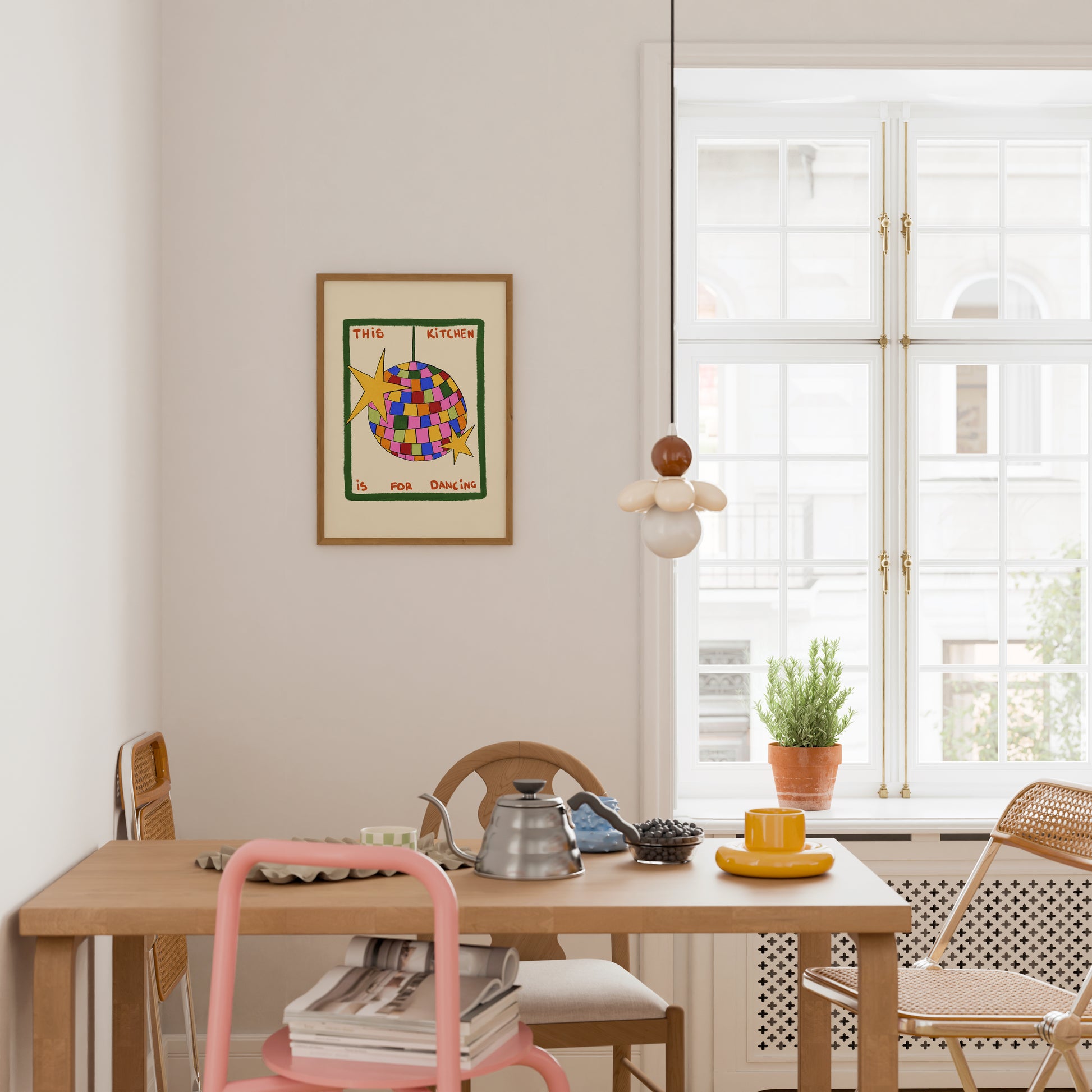 hand-drawn colorful disco ball green frame cream background this kitchen is for dancing art print