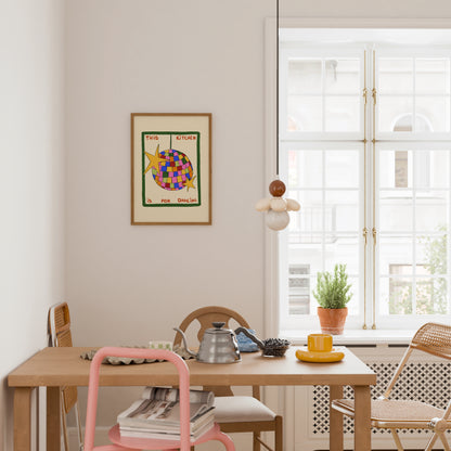 hand-drawn colorful disco ball green frame cream background this kitchen is for dancing art print