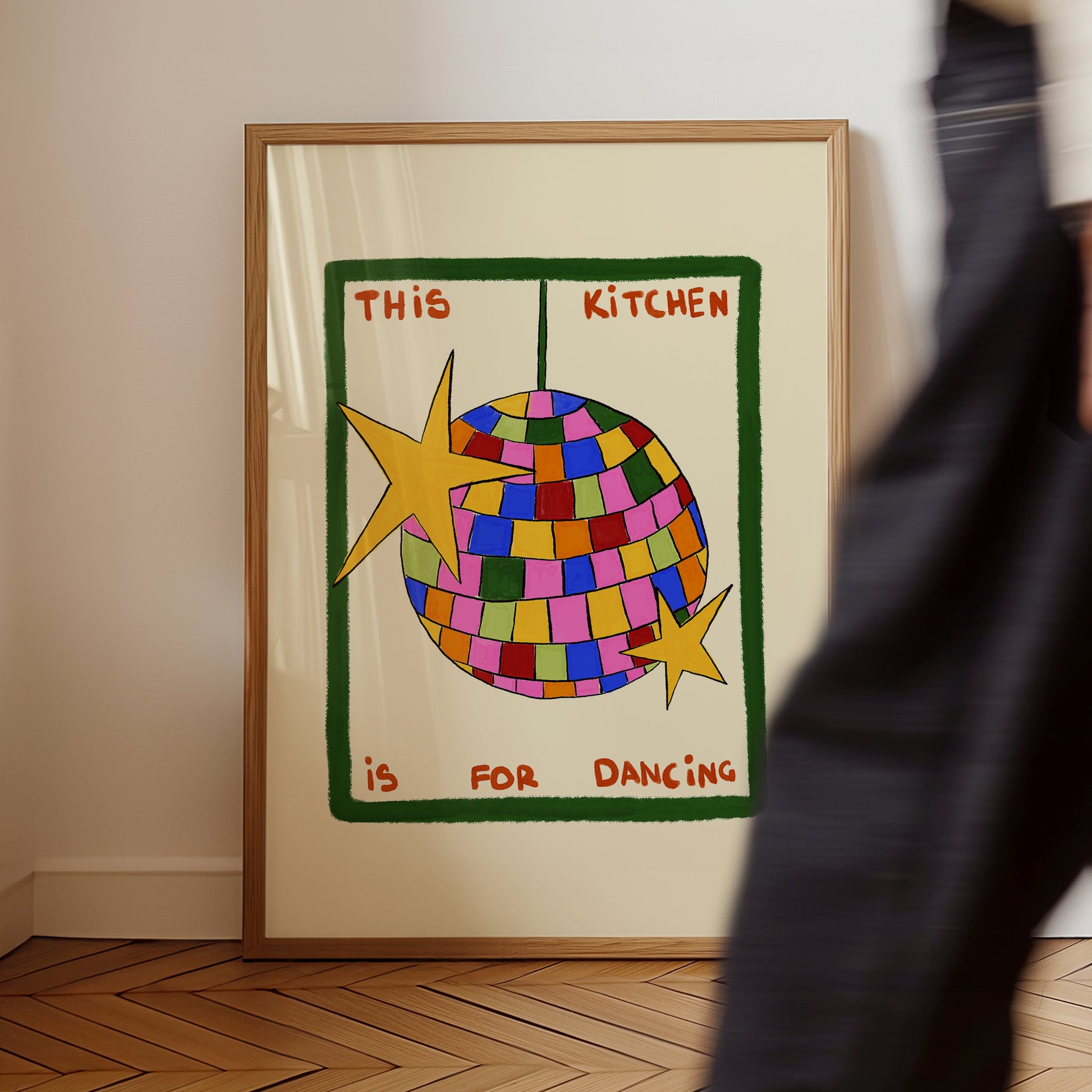 hand-drawn colorful disco ball green frame cream background this kitchen is for dancing art print