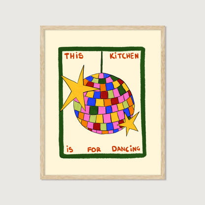 hand-drawn colorful disco ball green frame cream background this kitchen is for dancing art print