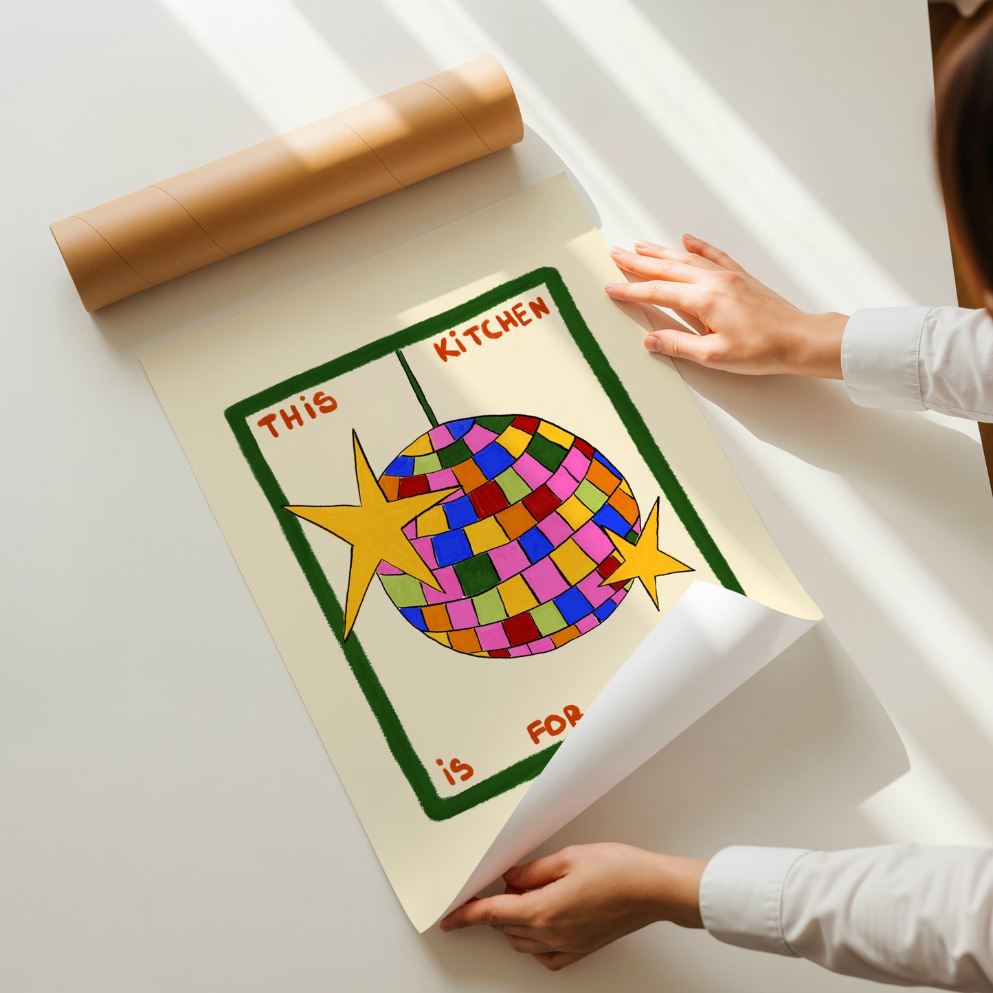 hand-drawn colorful disco ball green frame cream background this kitchen is for dancing art print