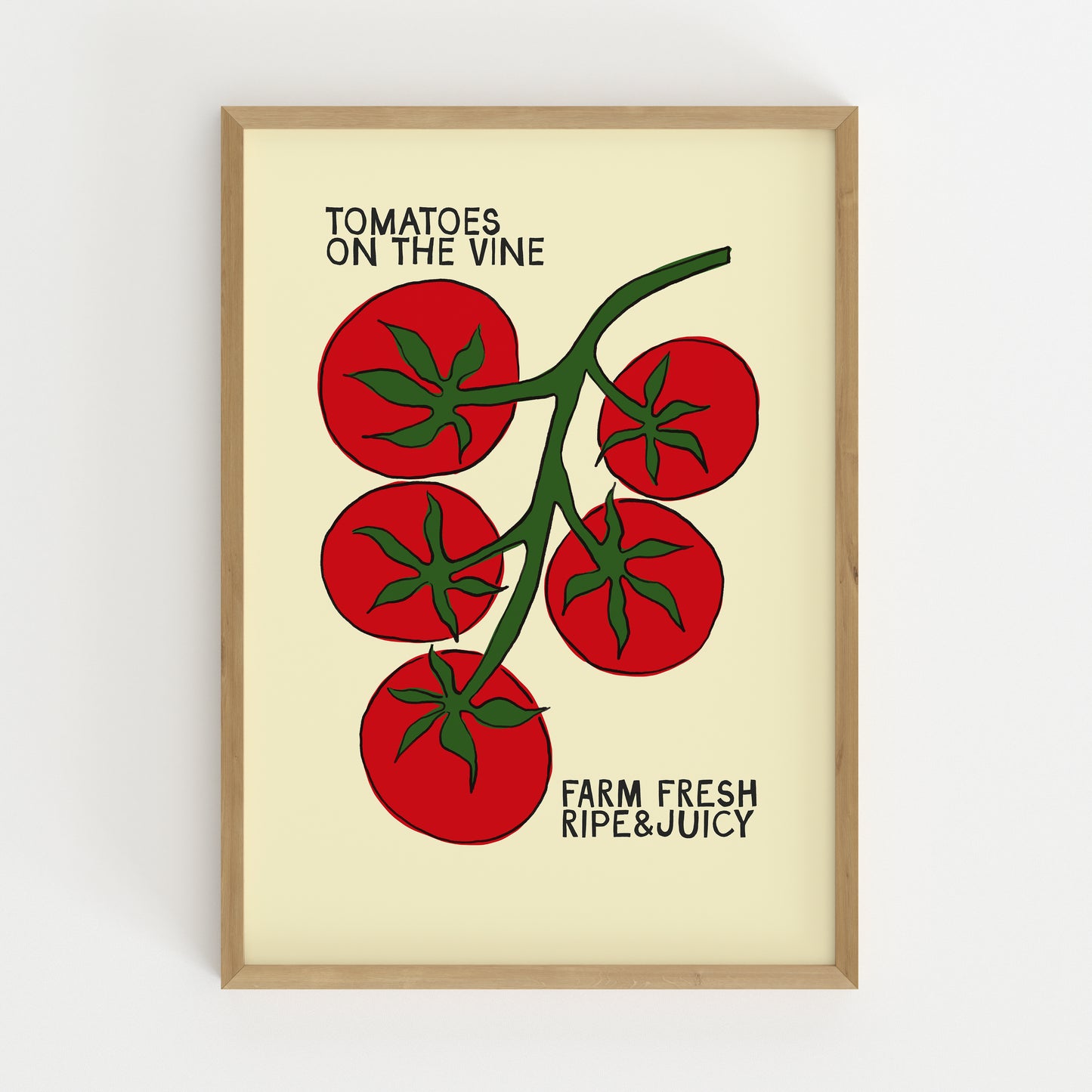tomatoes on the vine kitchen art print, cream background, bold red illustration