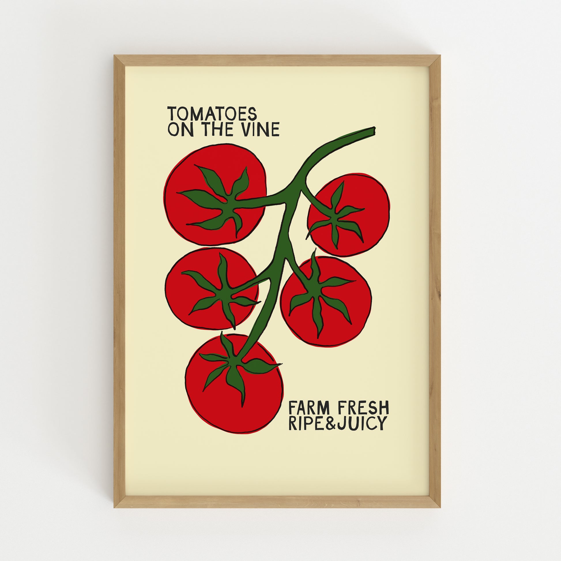 tomatoes on the vine kitchen art print, cream background, bold red illustration