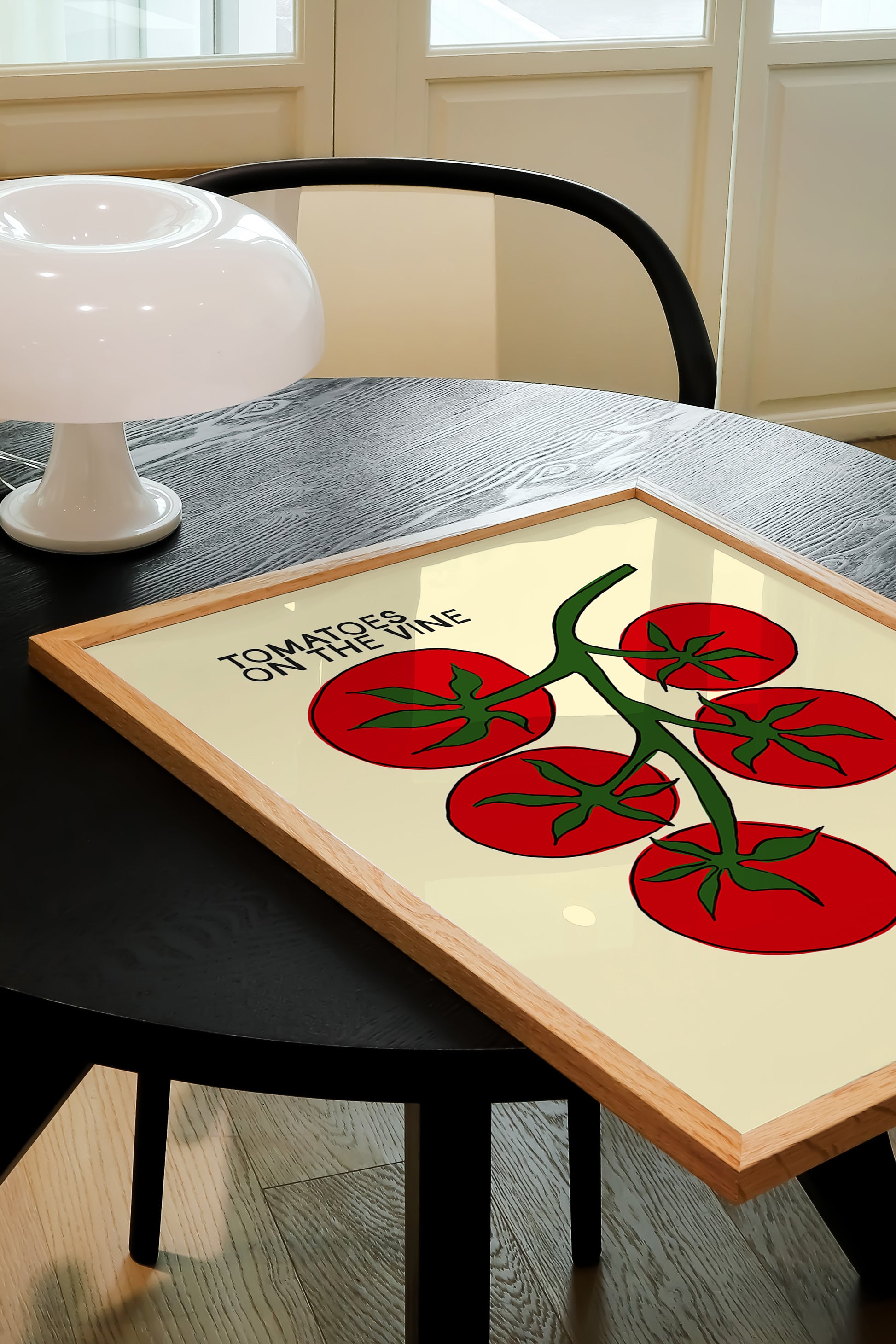 tomatoes on the vine kitchen art print, cream background, bold red illustration