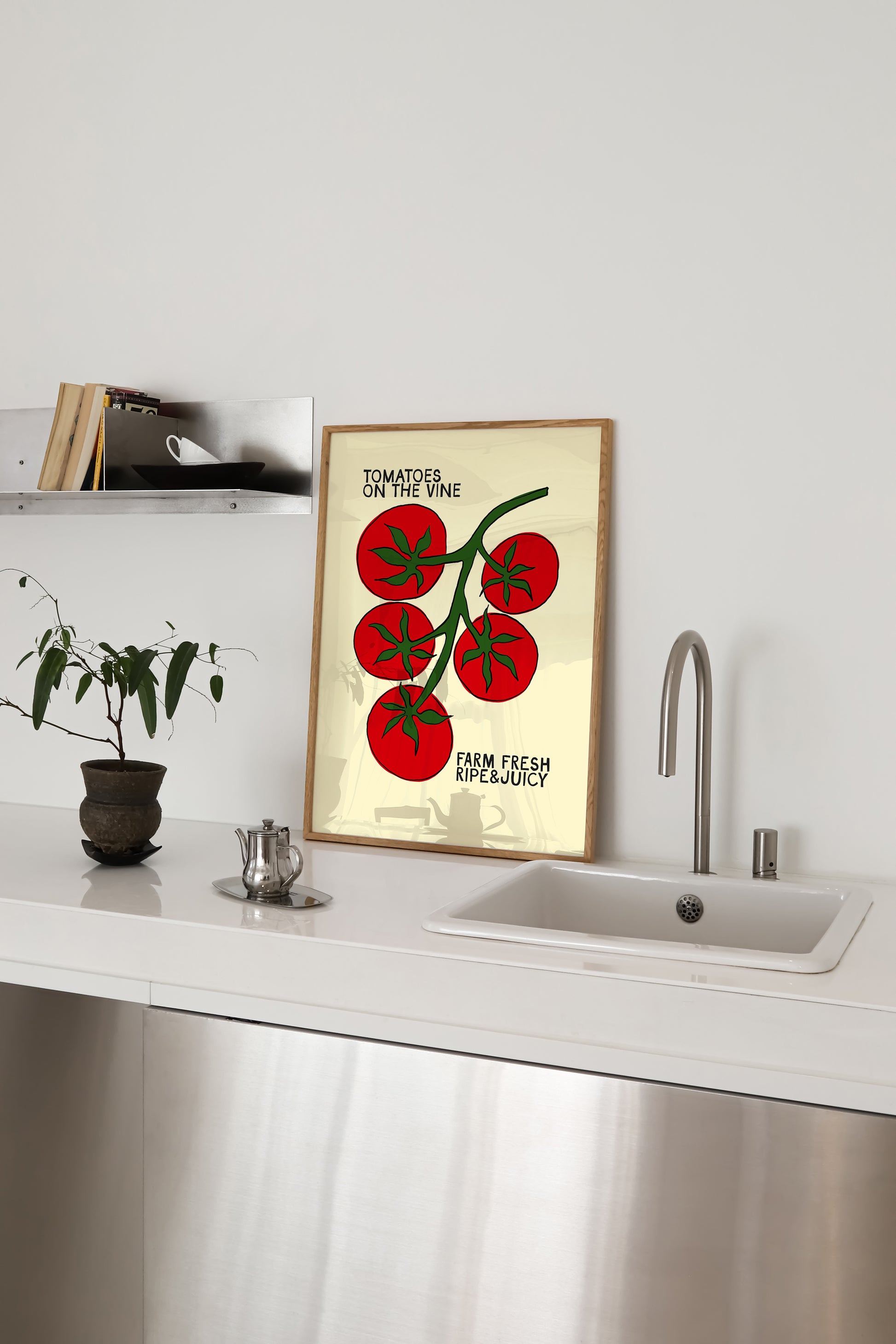 tomatoes on the vine kitchen art print, cream background, bold red illustration