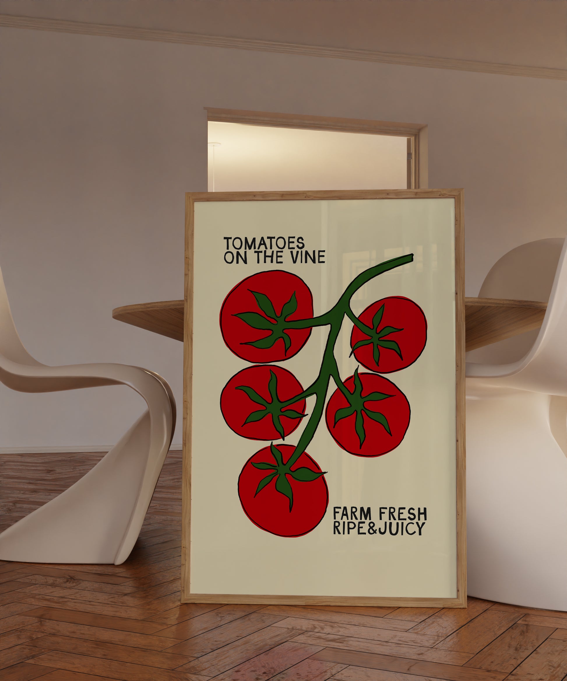 tomatoes on the vine kitchen art print, cream background, bold red illustration