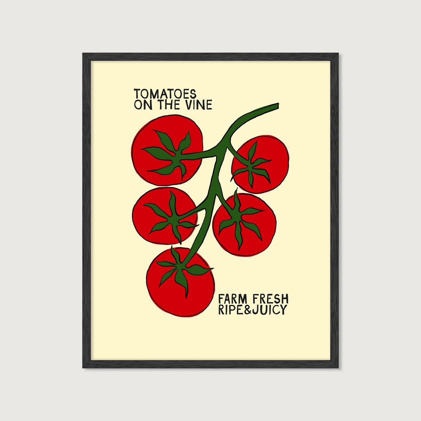 tomatoes on the vine kitchen art print, cream background, bold red illustration