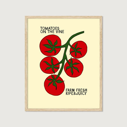 tomatoes on the vine kitchen art print, cream background, bold red illustration