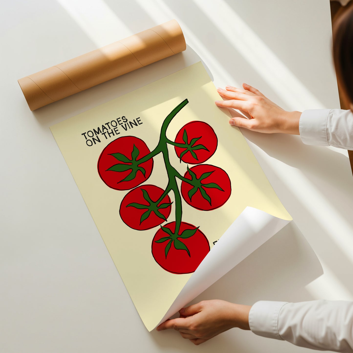 tomatoes on the vine kitchen art print, cream background, bold red illustration
