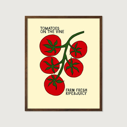 tomatoes on the vine kitchen art print, cream background, bold red illustration