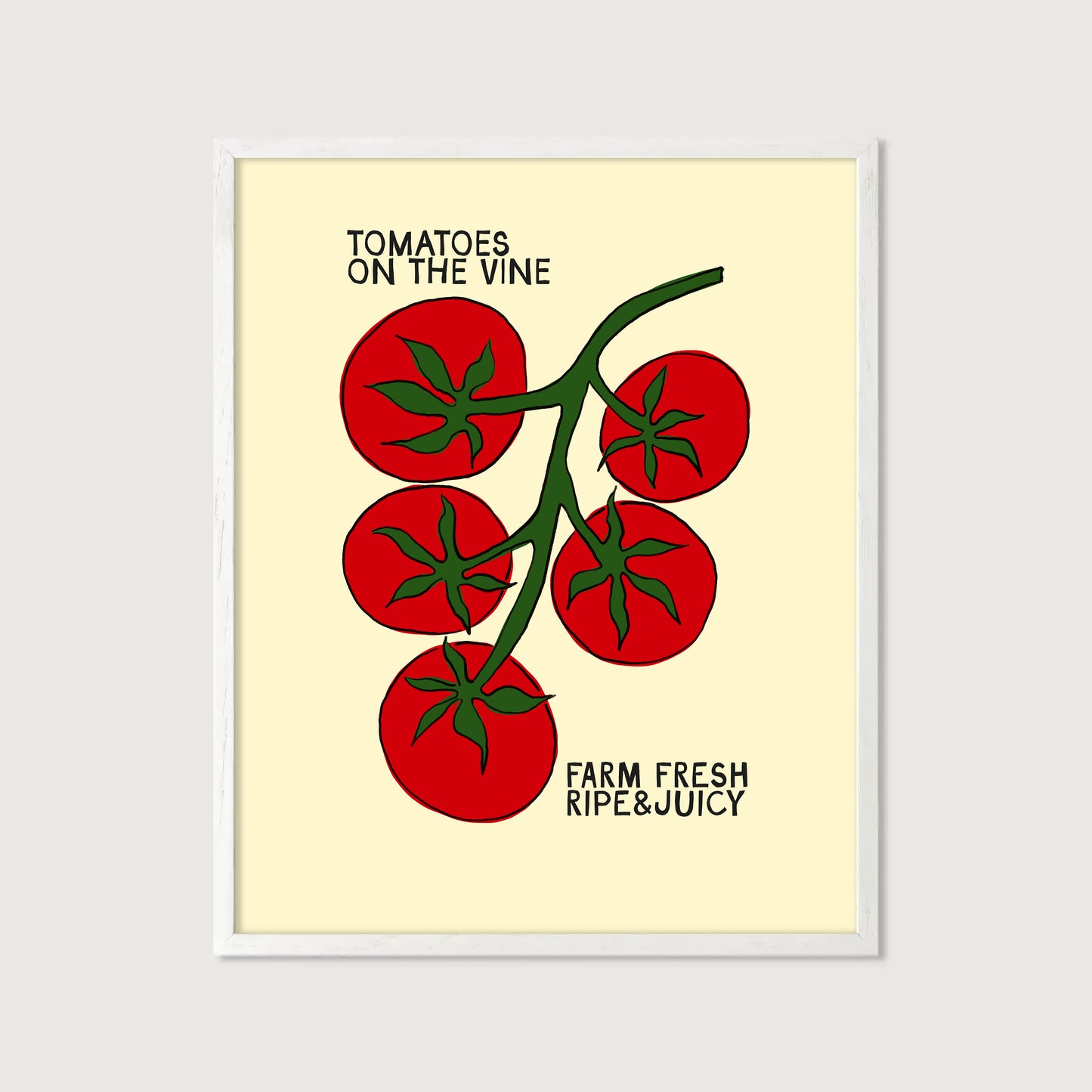 tomatoes on the vine kitchen art print, cream background, bold red illustration