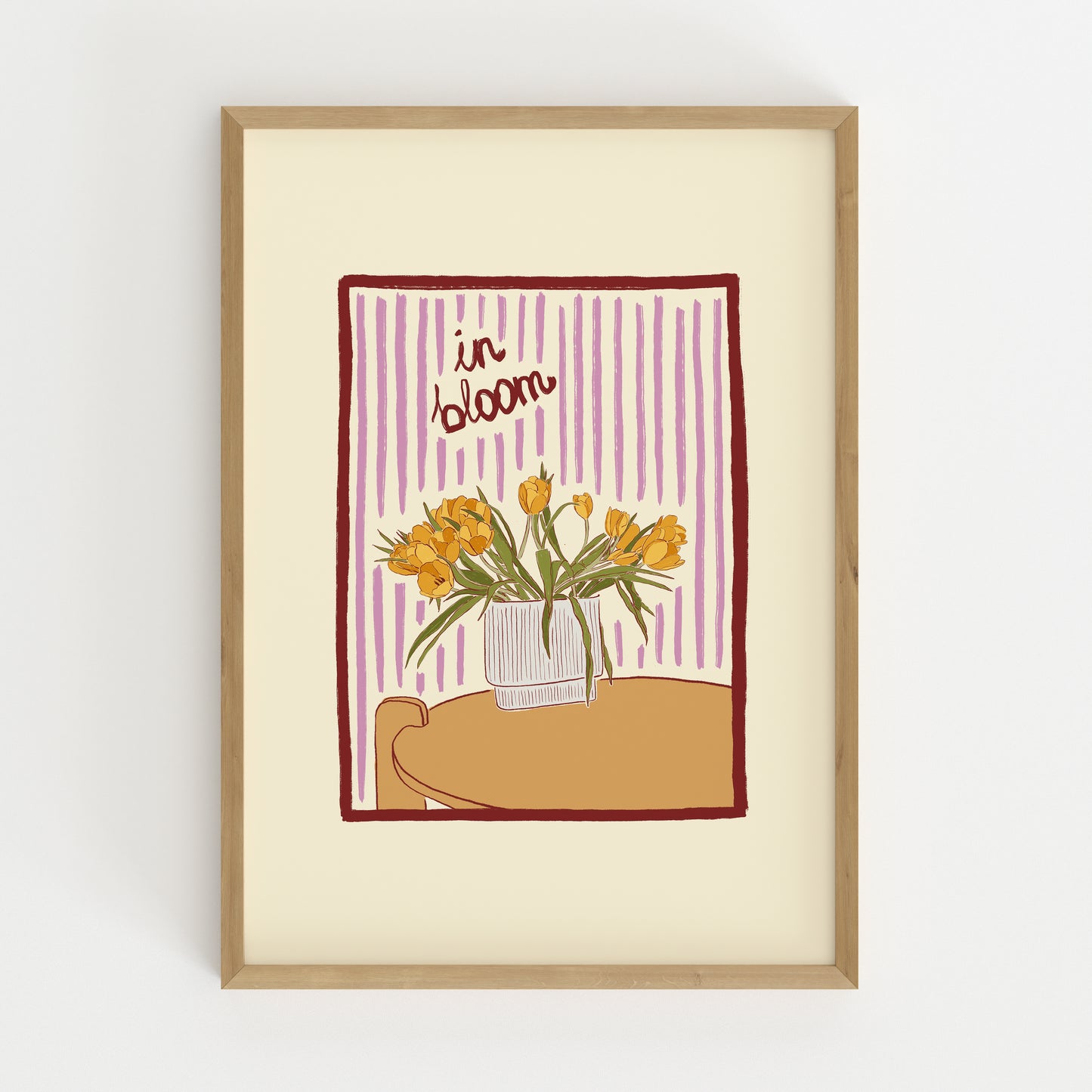 hand-drawn yellow tulips in vase lilac striped background in bloom art print