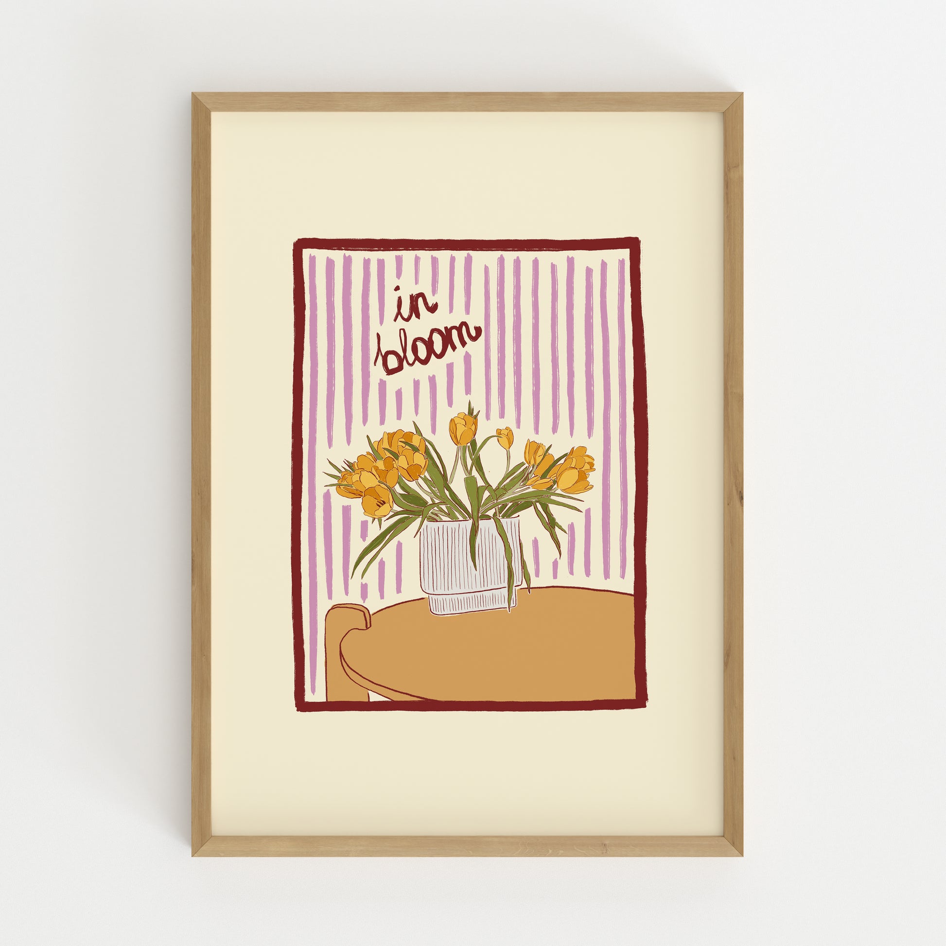 hand-drawn yellow tulips in vase lilac striped background in bloom art print
