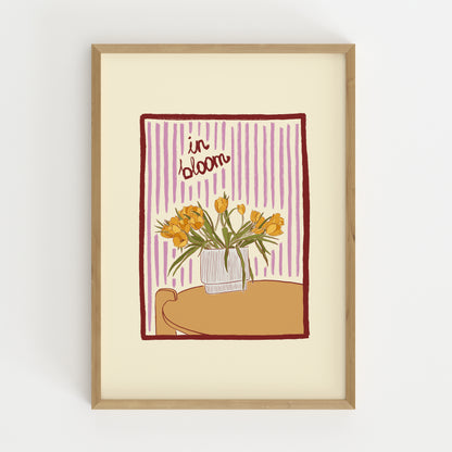 hand-drawn yellow tulips in vase lilac striped background in bloom art print