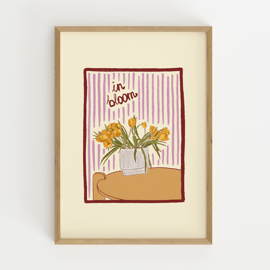 hand-drawn yellow tulips in vase lilac striped background in bloom art print